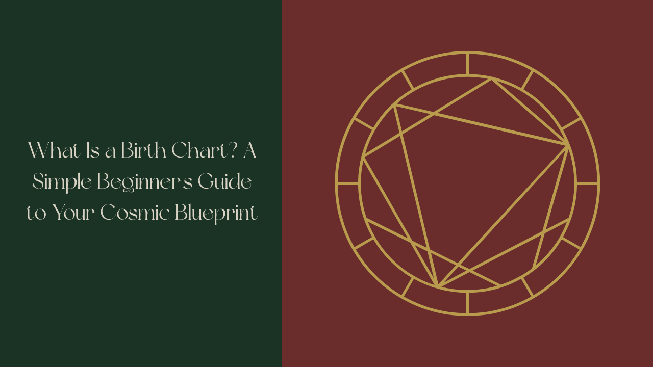 Forest Moss green background with Vintage Linen text reading "What Is a Birth Chart? A Simple Beginner's Guide to Your Cosmic Blueprint" Burgundy square on the right with an Antique Gold blank astrology wheel with lines representing a simple chart