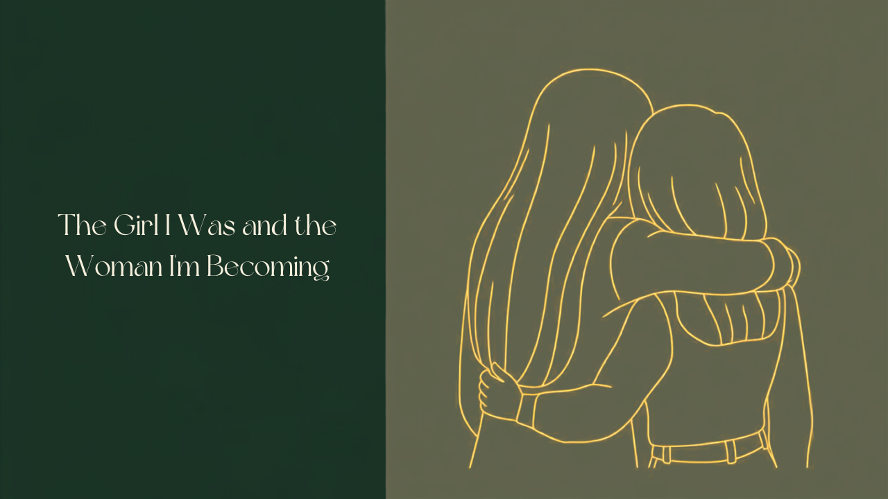 Forest Moss green background with Vintage Linen text reading "The Girl I Was and the Woman I’m Becoming" Muted olive square on the right with an Antique Gold line drawing of two women from behind embracing