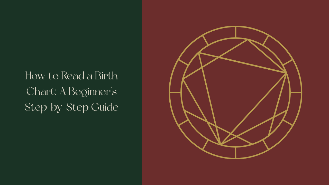 Forest Moss green background with Vintage Linen text reading "How to Read a Birth Chart: A Beginner's Step-by-Step Guide" Burgundy square on the right with an Antique Gold blank astrology wheel with lines representing a simple chart