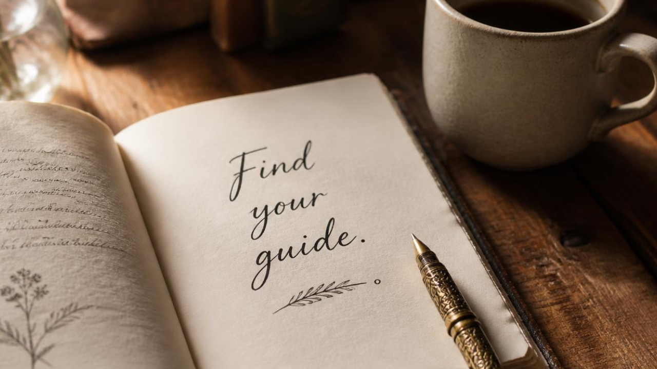 an open journal with the handwritten words: "Find your guide." a brass pen, ceramic mug and soft natural light.