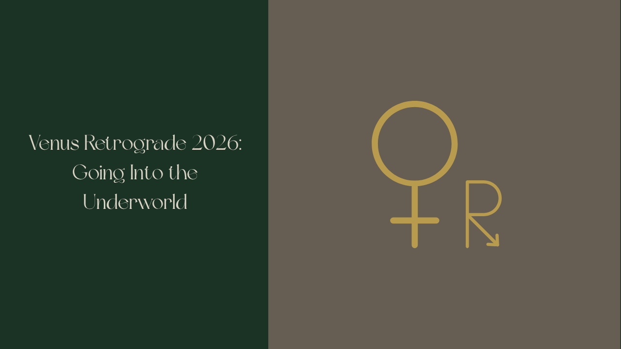 Forest Moss green background with Vintage Linen text reading "Venus Retrograde 2026: Going Into the Underworld" soya bean square on the right with a venus and retrograde glyph in antique gold