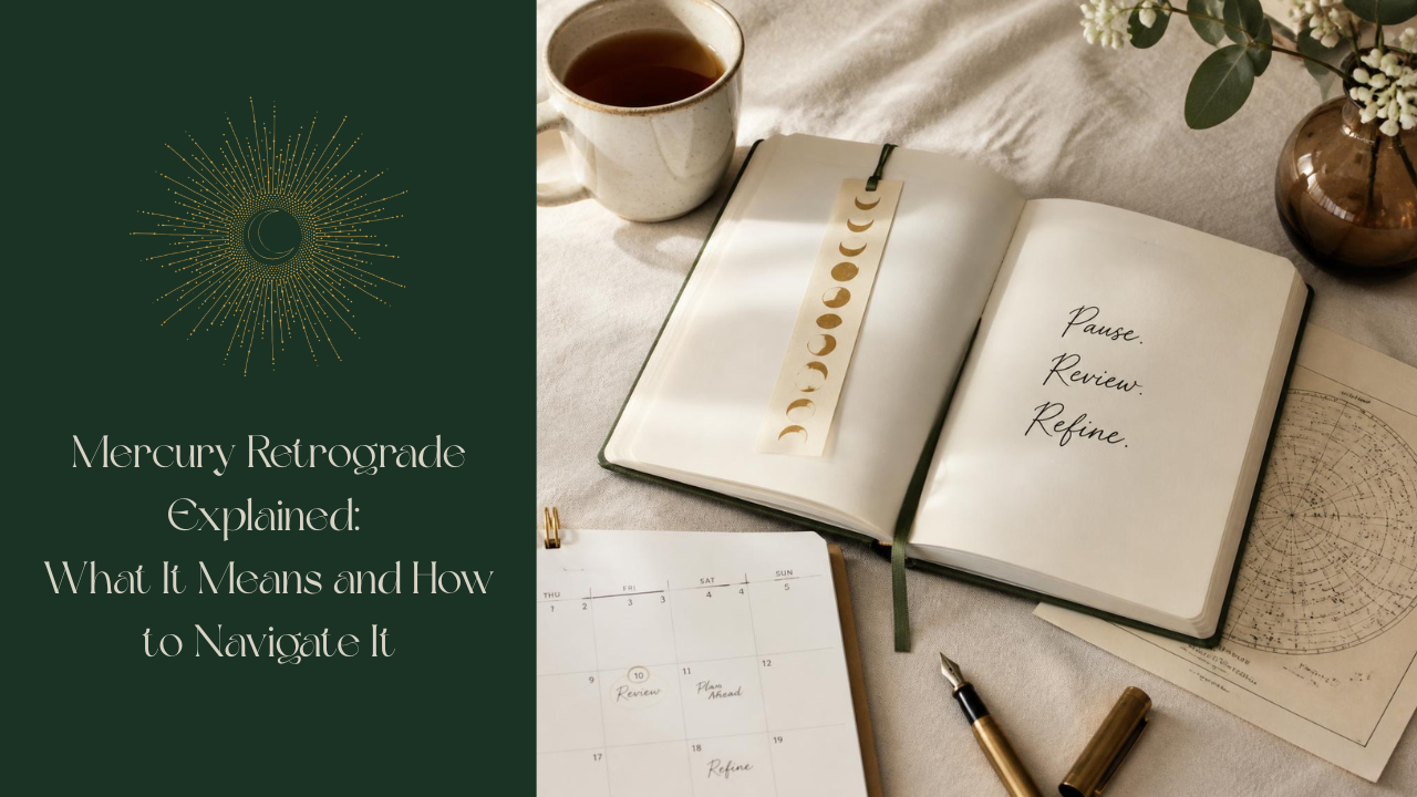 An open journal with the handwritten words: Pause. Review. Refine. A ceramic mug of tea. A linen cloth in warm neutral tones. A simple monthly planner or diary with a few notes. A brass fountain pen. A subtle celestial touch, such as a small moon-phase bookmark peeking out beneath the journal.