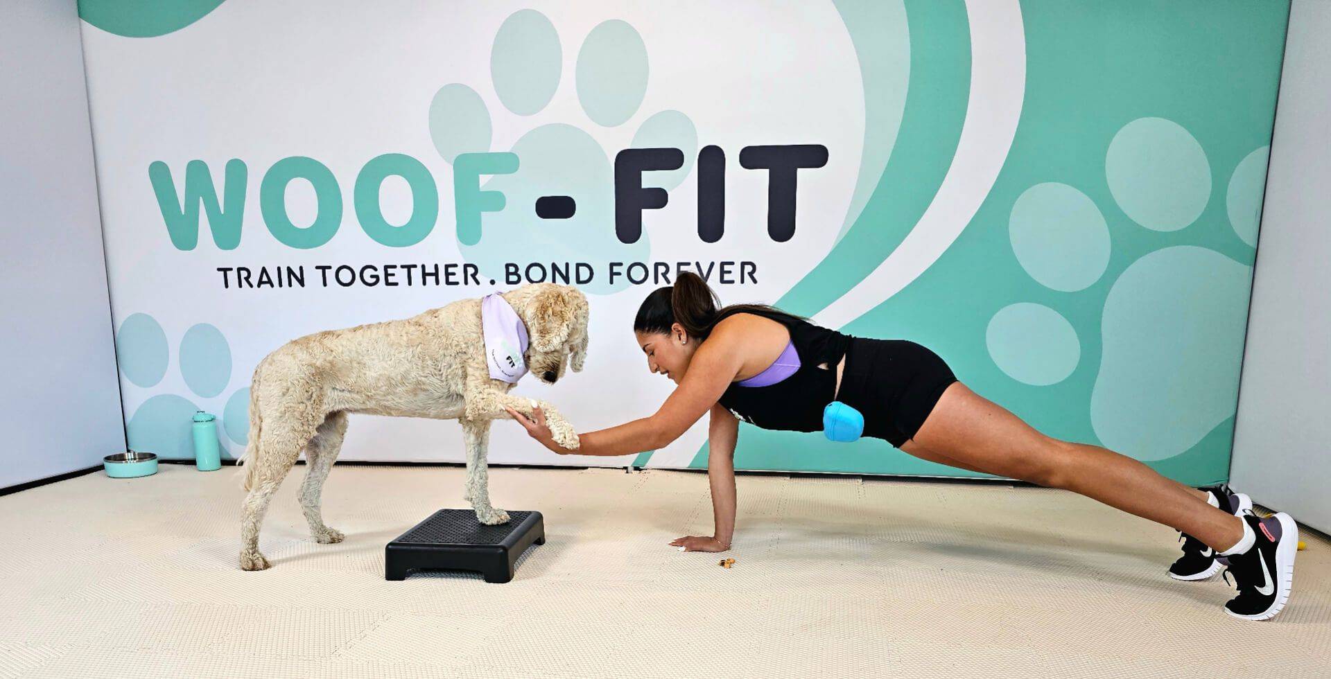 Woman doing a plank exercise while rewarding her Goldendoodle with a treat during a Woof-Fit workout