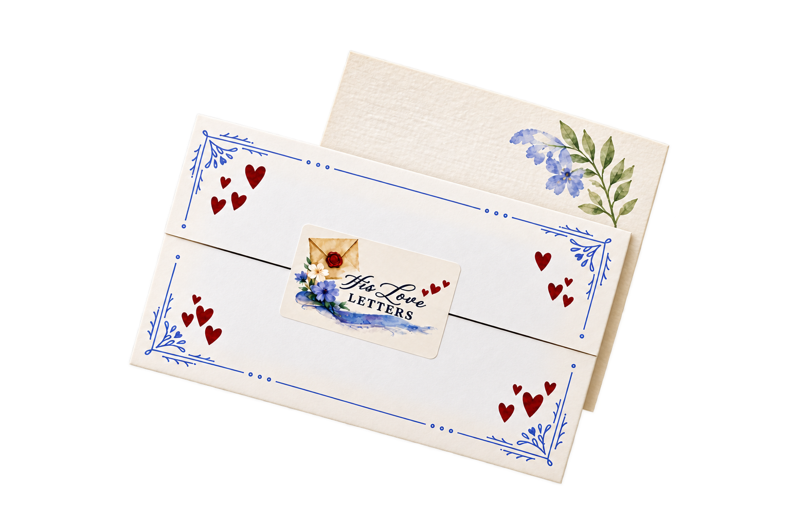 His Love Letters envelope with blue details, burgundy hearts, and floral stationery