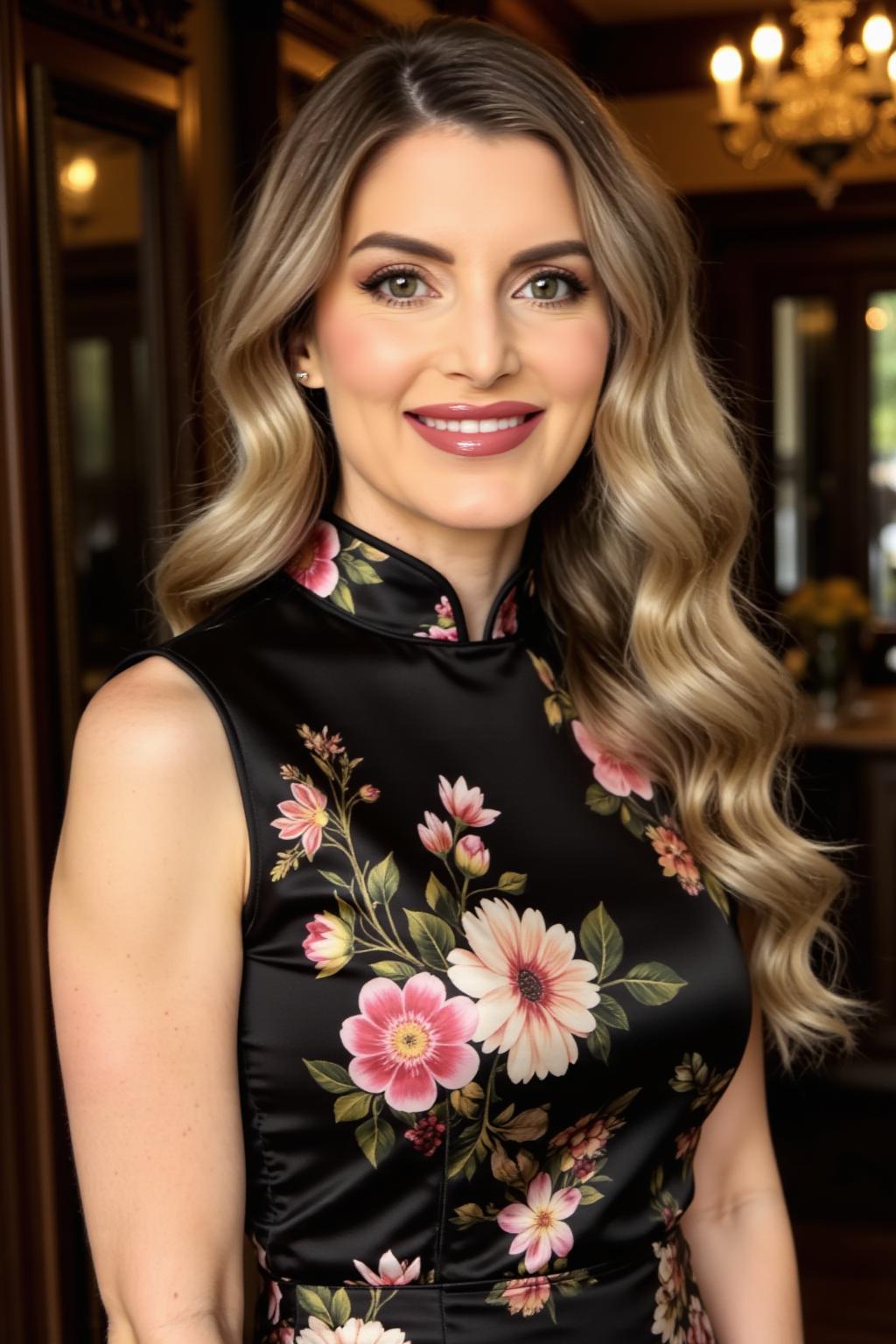 Carrie Allegretti in a floral mandarin-collar top