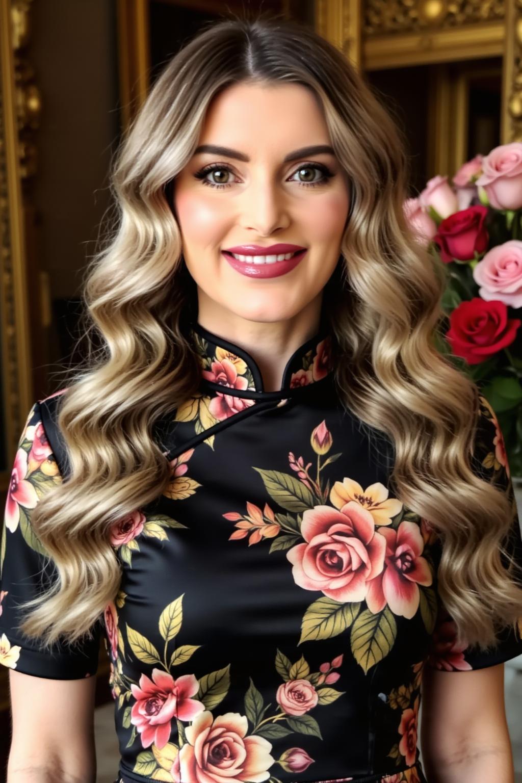 Carrie Allegretti in a floral mandarin-collar top