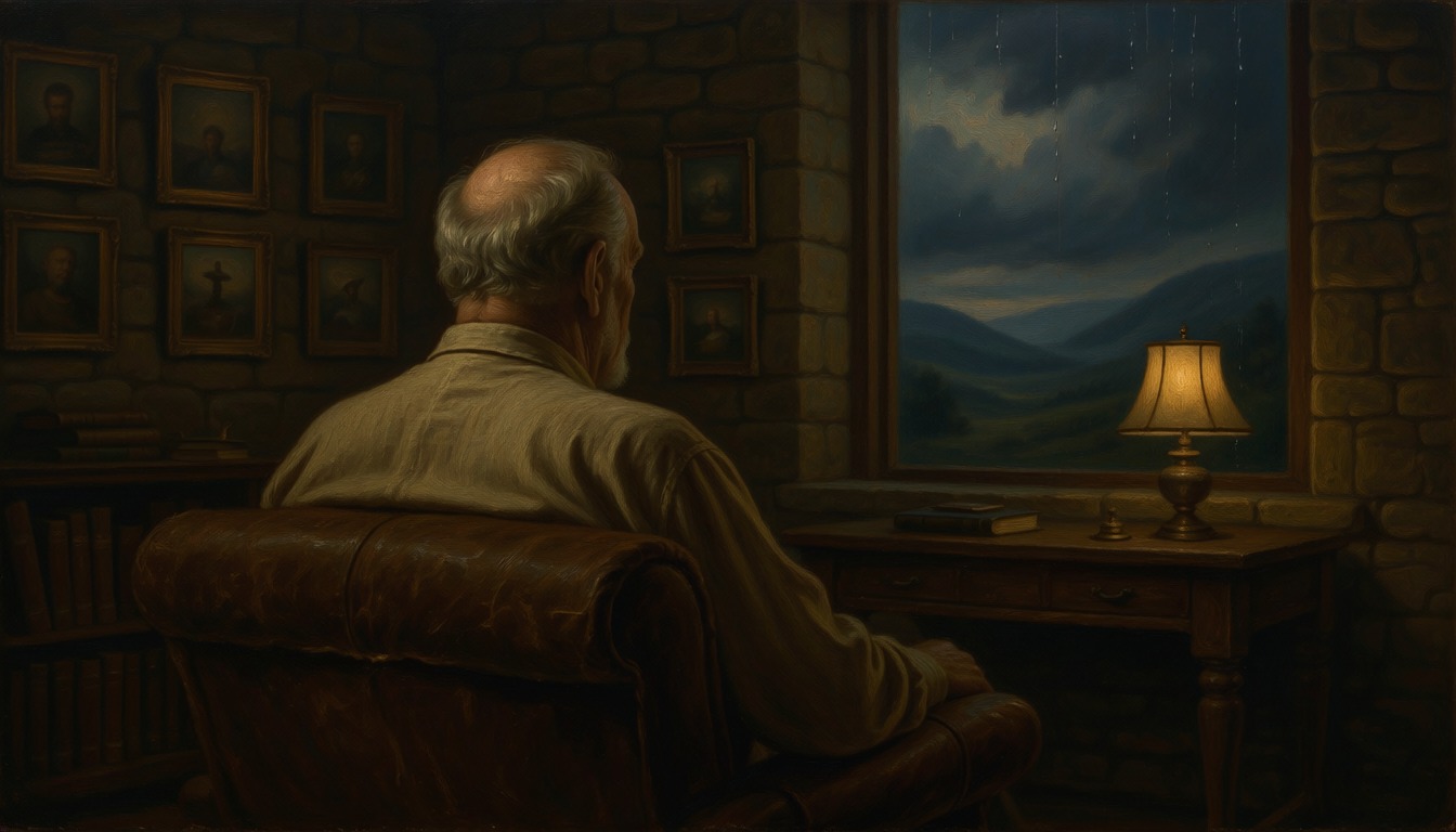 An older man seen from behind sitting in an armchair by a lamp, looking out a window at a storm gathering over the hills
