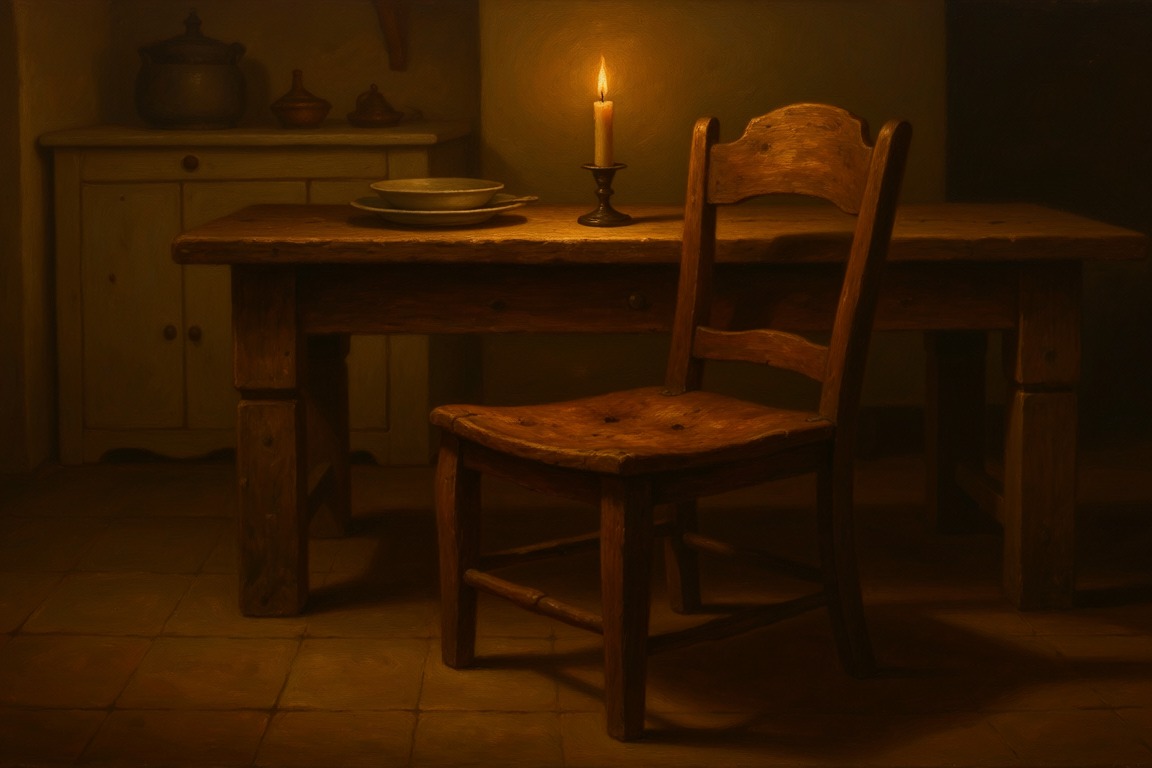 A single chair pulled out from a set table in a quiet candle-lit room