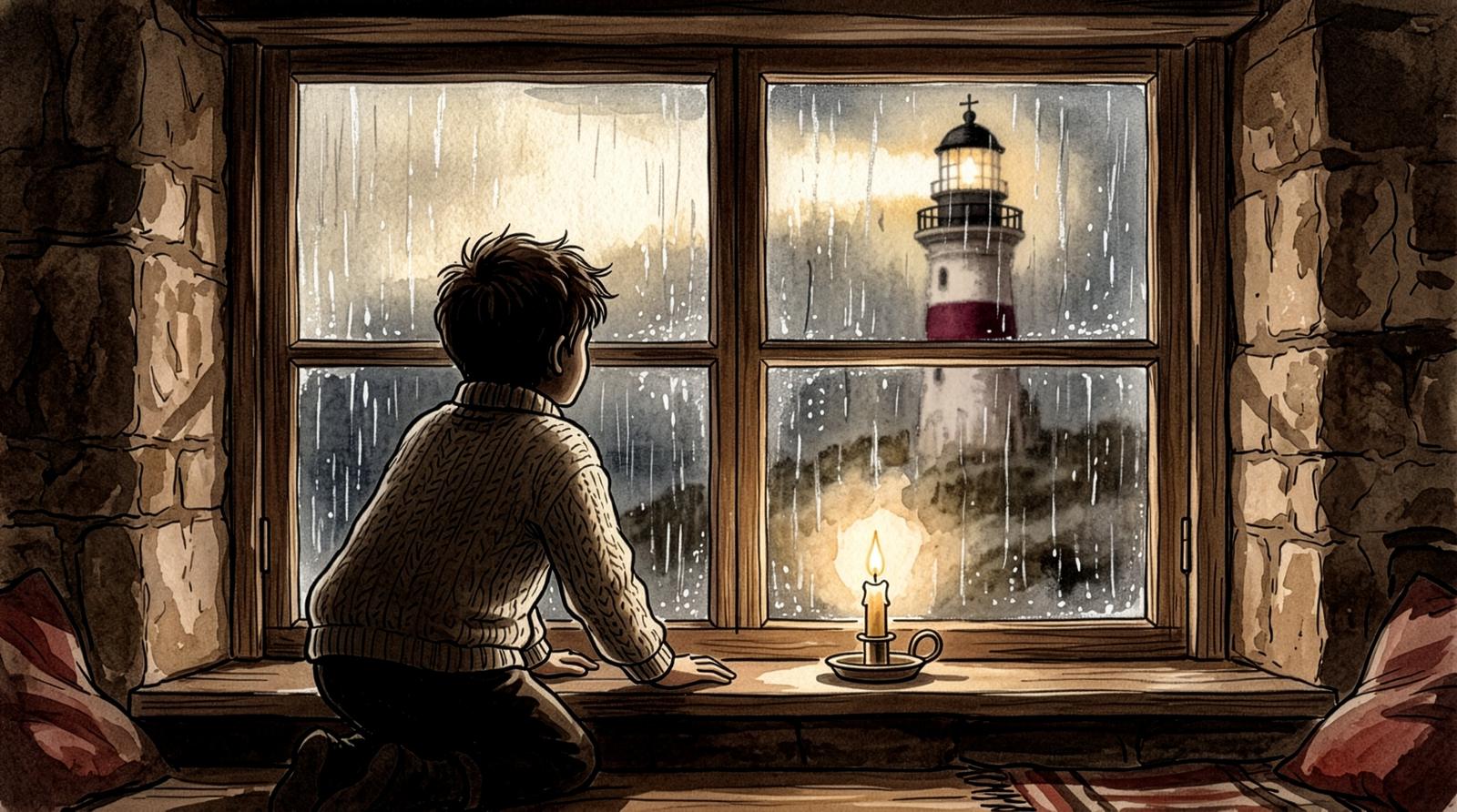 A child seen from behind at a cottage window, watching the lighthouse through the rain
