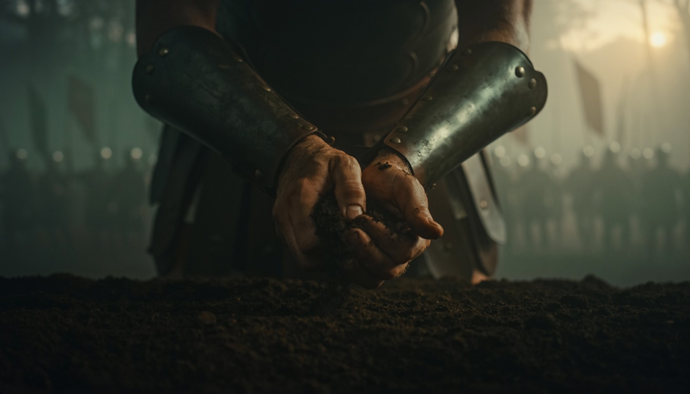 An armoured general's hands rubbing a handful of soil through his fingers, soldiers blurred behind him