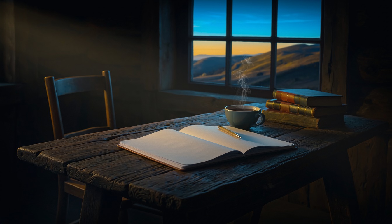 An open notebook and a cup on a timber table beside a window at dawn, books stacked nearby