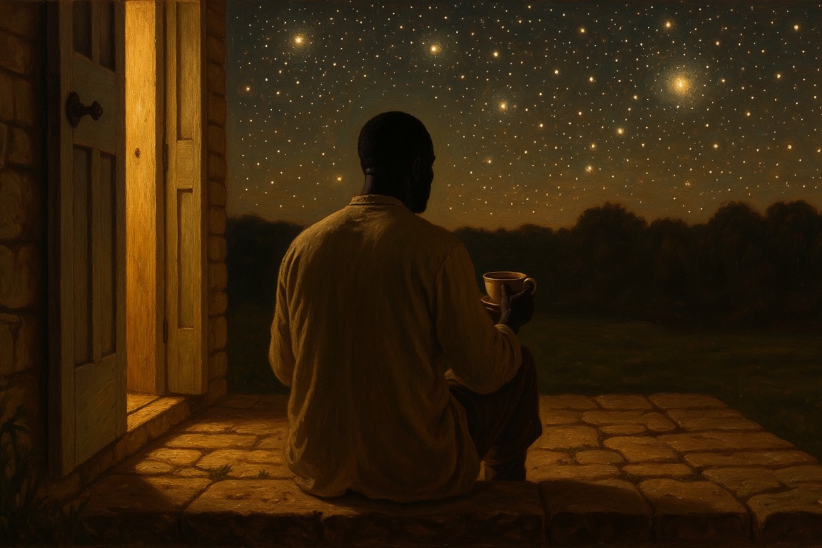 A man seen from behind sitting on a back step with a cup, looking out at a starry night sky