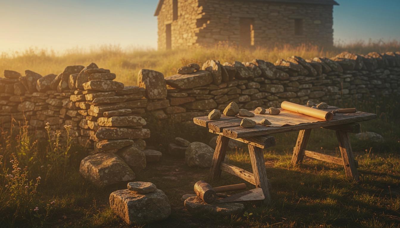 A half-built dry stone wall in a golden field, a workbench with a rolled plan beside it and a stone cottage beyond