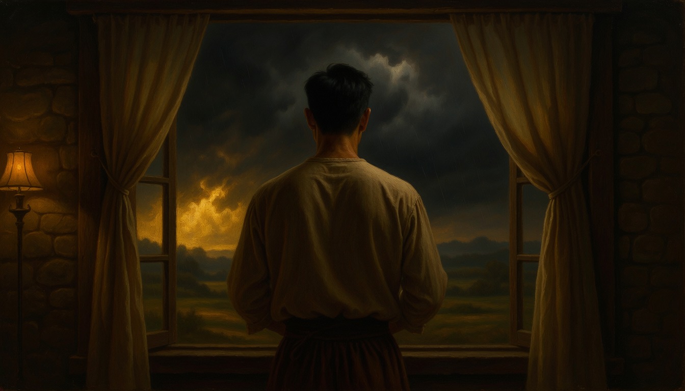 A man seen from behind standing at an open window as a storm blows over the hills outside