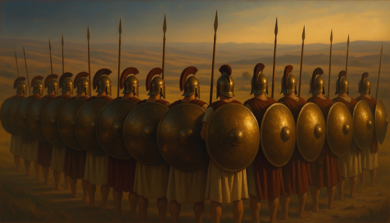 A line of ancient Greek soldiers with bronze shields and spears standing shoulder to shoulder at dusk