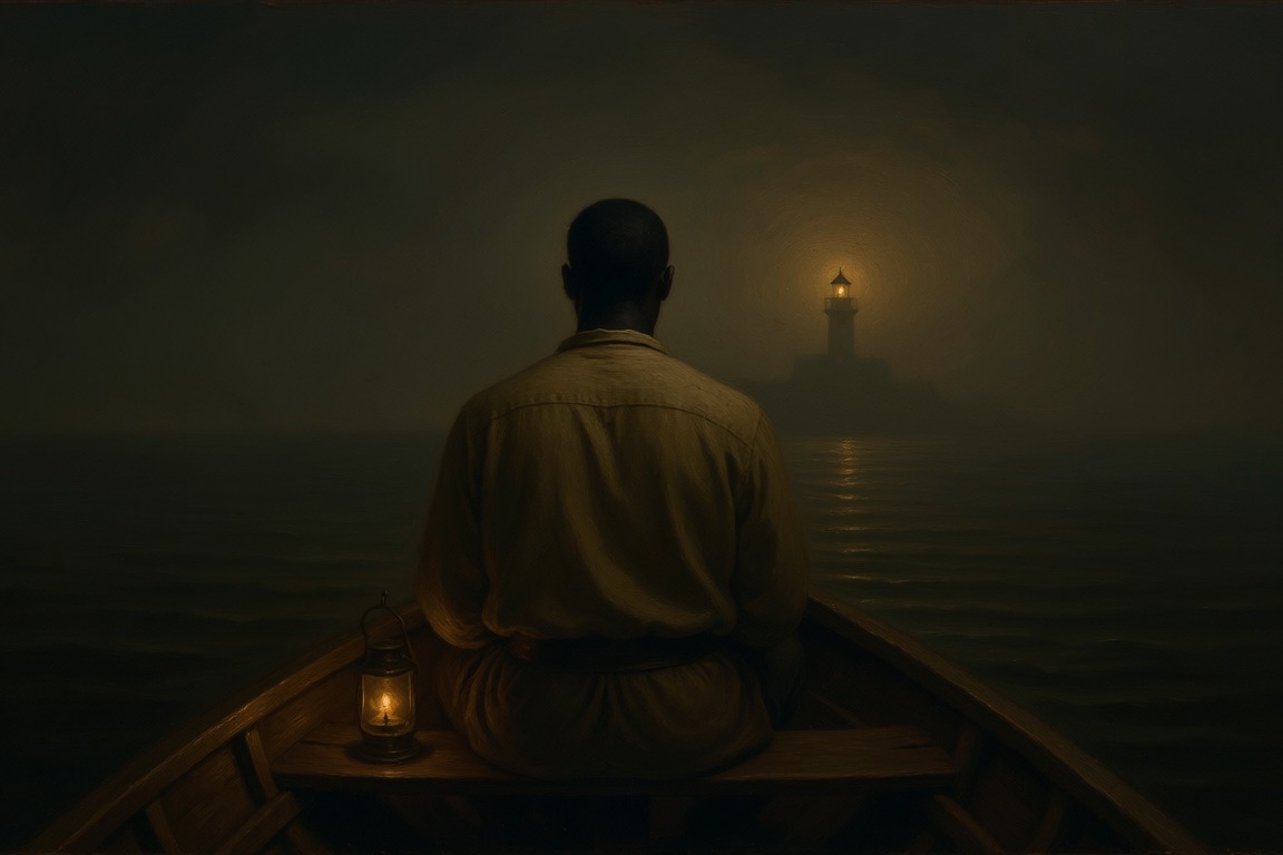 A man seen from behind in a small boat at night with a lantern, a distant lighthouse glowing ahead