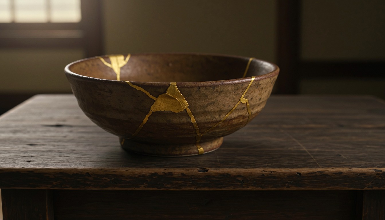A brown ceramic bowl mended with seams of gold, resting on a timber table