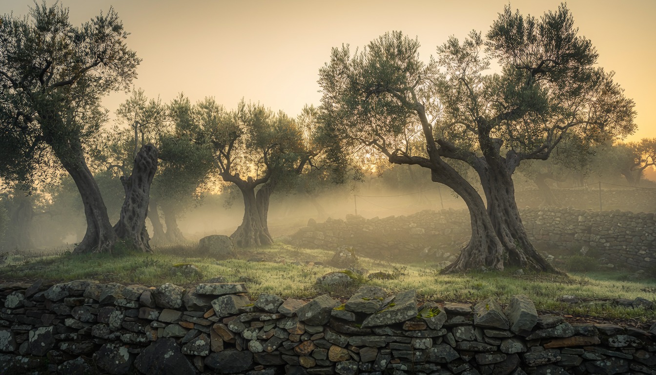 Ancient olive trees behind a dry stone wall in golden morning mist