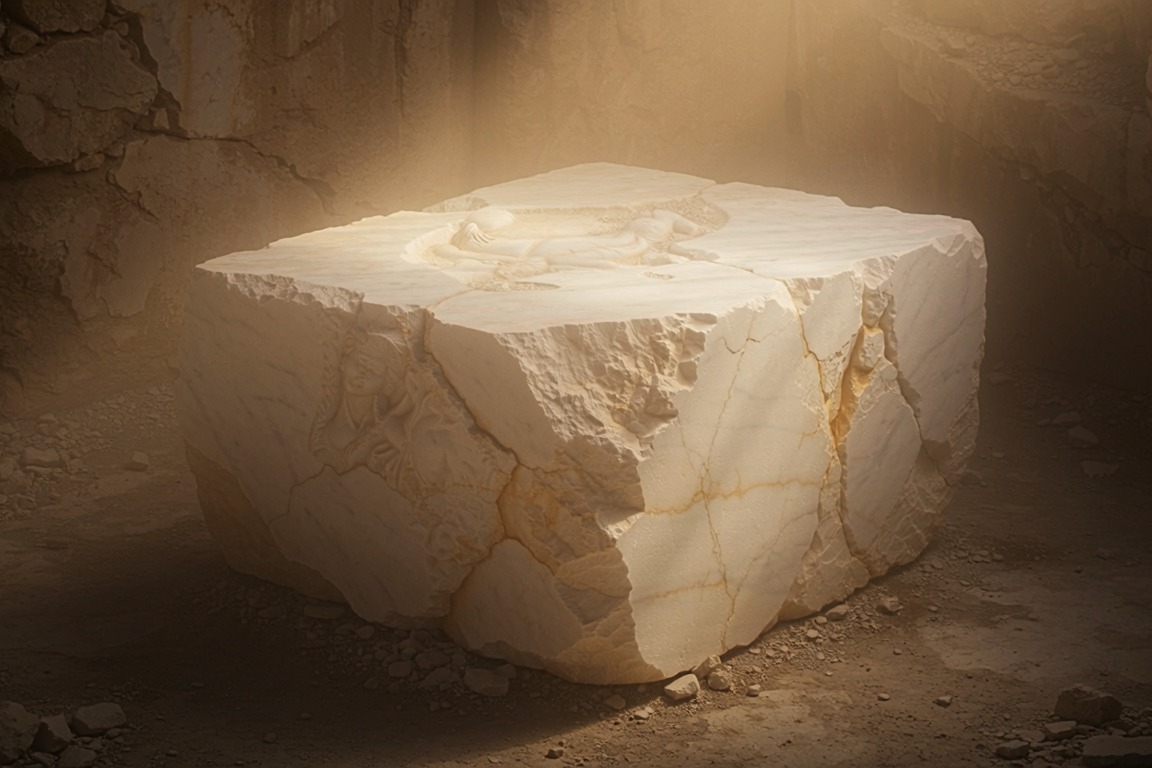 A rough block of white marble resting alone in soft, dusty light