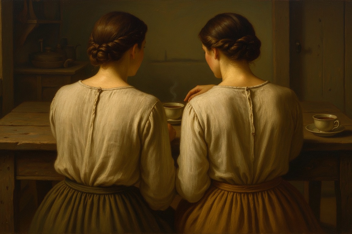 Two women seen from behind sitting side by side at a kitchen table with cups of tea