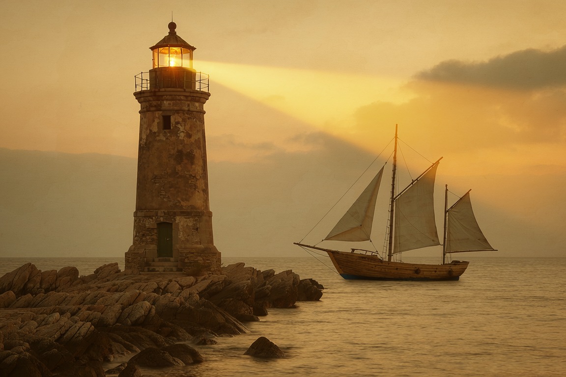 A stone lighthouse on a rocky point with a sailing boat passing close by