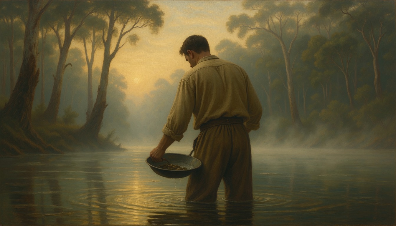 A man seen from behind standing knee-deep in a misty river, holding a gold pan