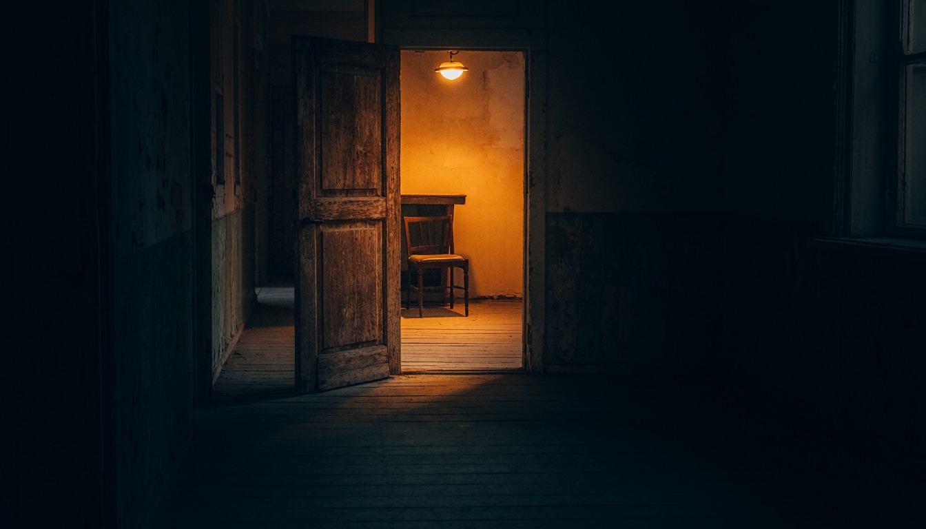 An old timber door standing open in a dark room, a warm lamp-lit room beyond it