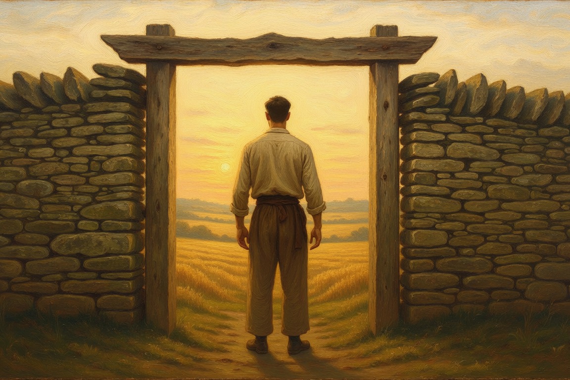 A man seen from behind standing in a timber gateway through a dry stone wall, looking out over open country