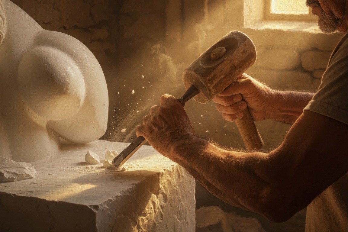 A sculptor's hands driving a chisel into white marble, a carved shoulder emerging from the rough stone