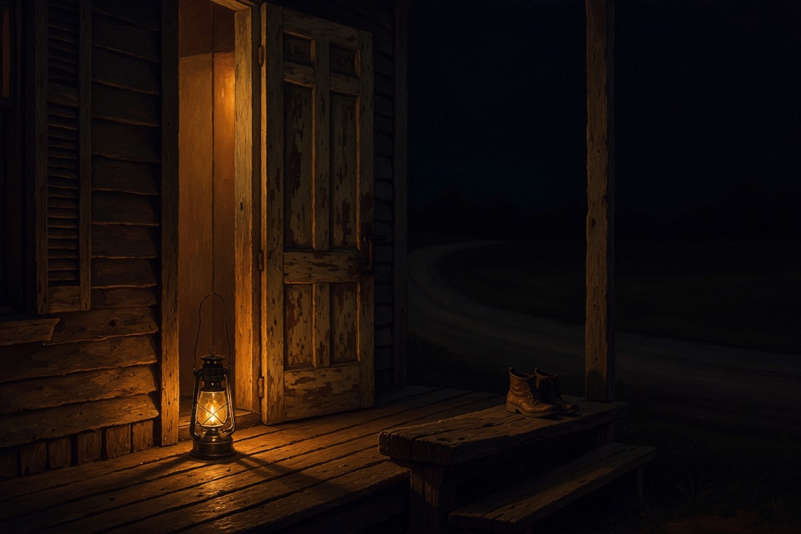 A lantern burning beside a farmhouse door left slightly open on a dark porch at night