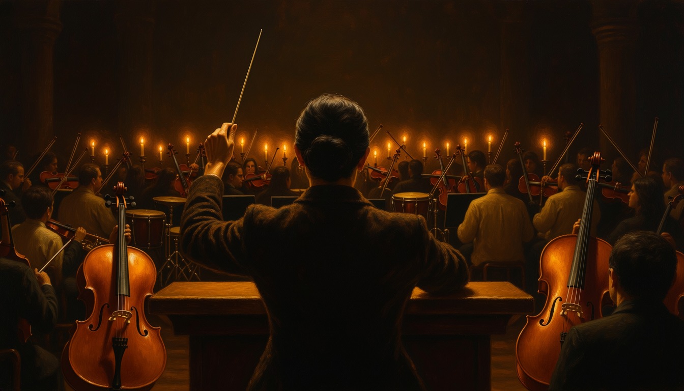A conductor seen from behind, baton raised before a candle-lit orchestra, cellos glowing in the foreground