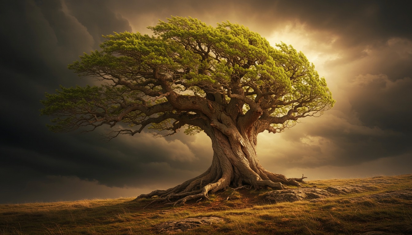 A great old tree standing alone on a hill under a stormy sky, lit gold by breaking light