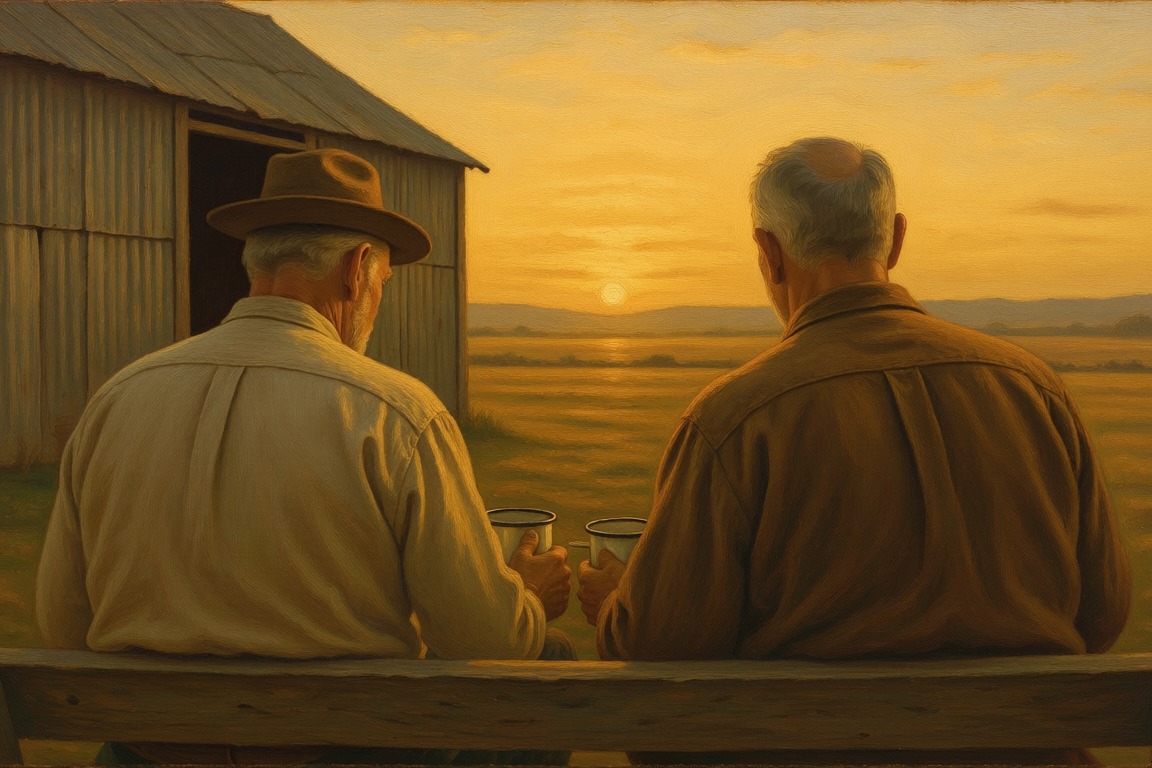 Two older men seen from behind sitting side by side on a bench beside a shed, looking out over the paddocks