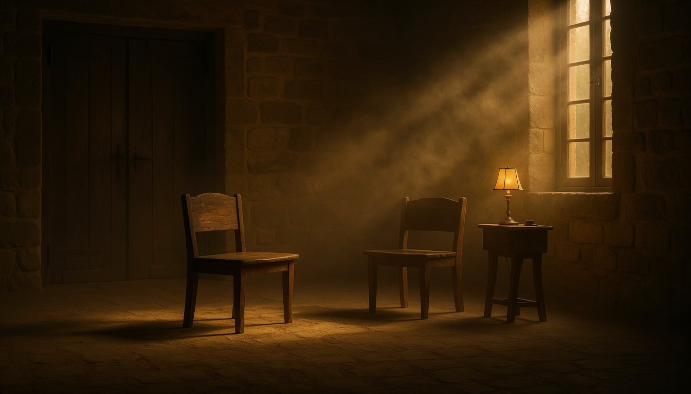 Two simple chairs facing each other in a quiet stone room, warm light falling through a window