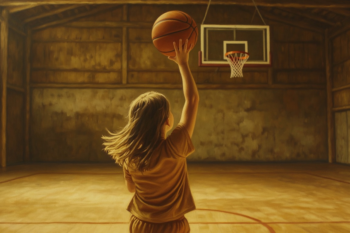 A young girl seen from behind rising to shoot a basketball at an old hoop in a barn-like gym