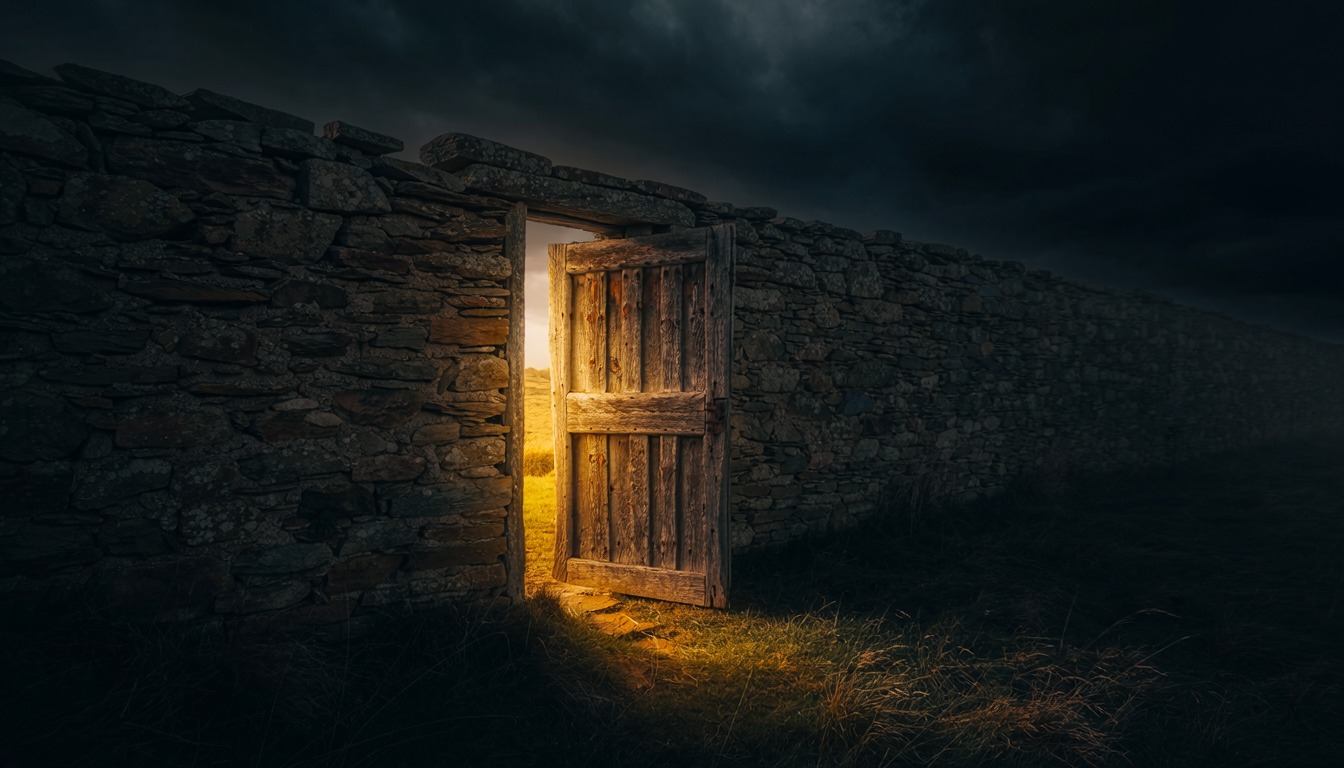 An old timber door standing ajar in a long stone wall at night, warm golden light spilling out across the dark grass