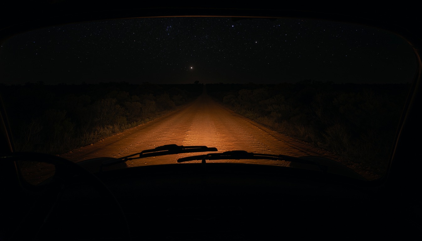 Headlights lighting a short stretch of empty road through a windscreen at night