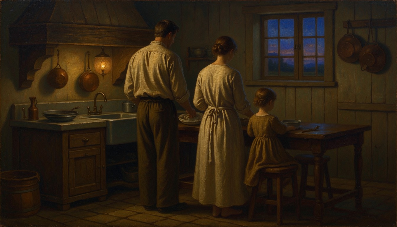 A family in a farmhouse kitchen at evening, a father and mother at the bench and a young girl at the table