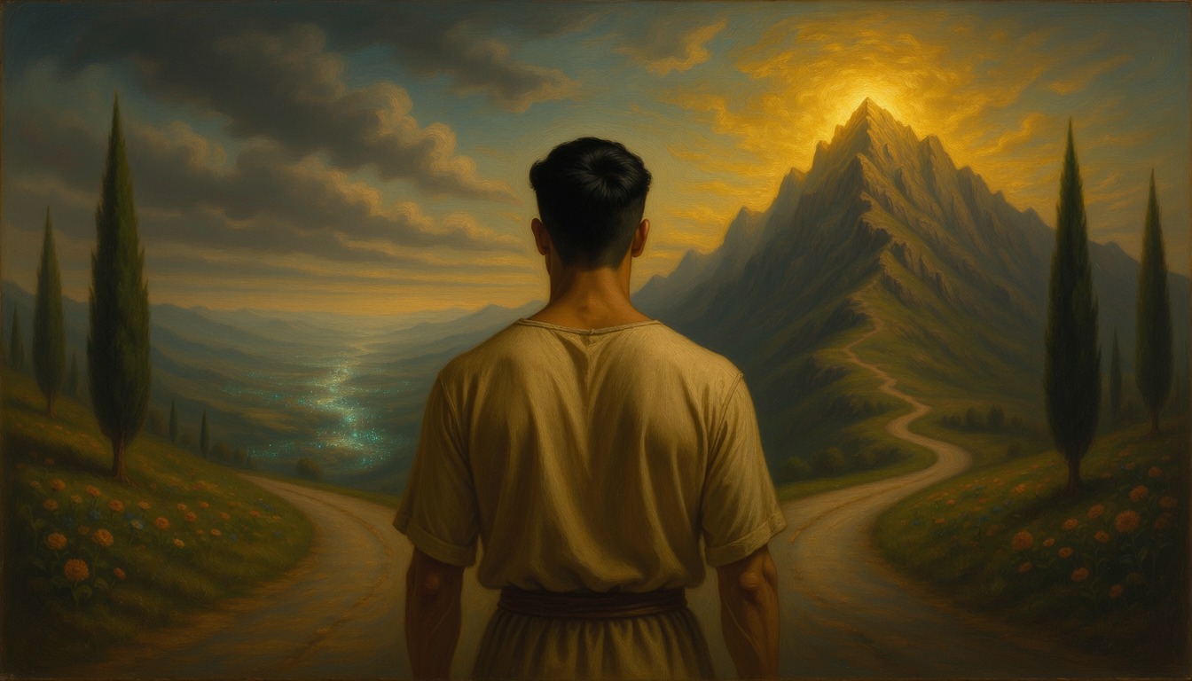 A young man seen from behind at a fork between a gentle valley path and a steep mountain road at dawn