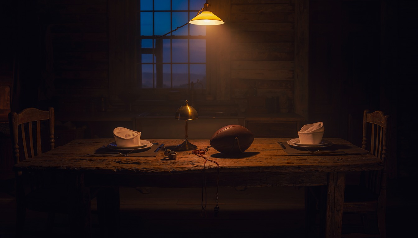 A long farmhouse dinner table under a hanging lamp, a folded nurse's cap and a small lamp at one place, a football at the other