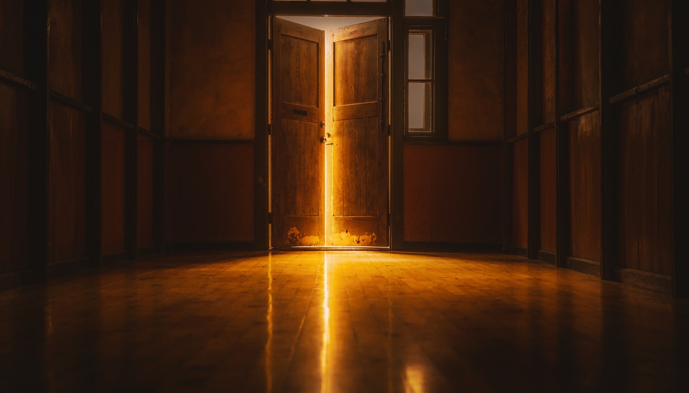 A tall timber door opening onto a blaze of golden light in a dark room