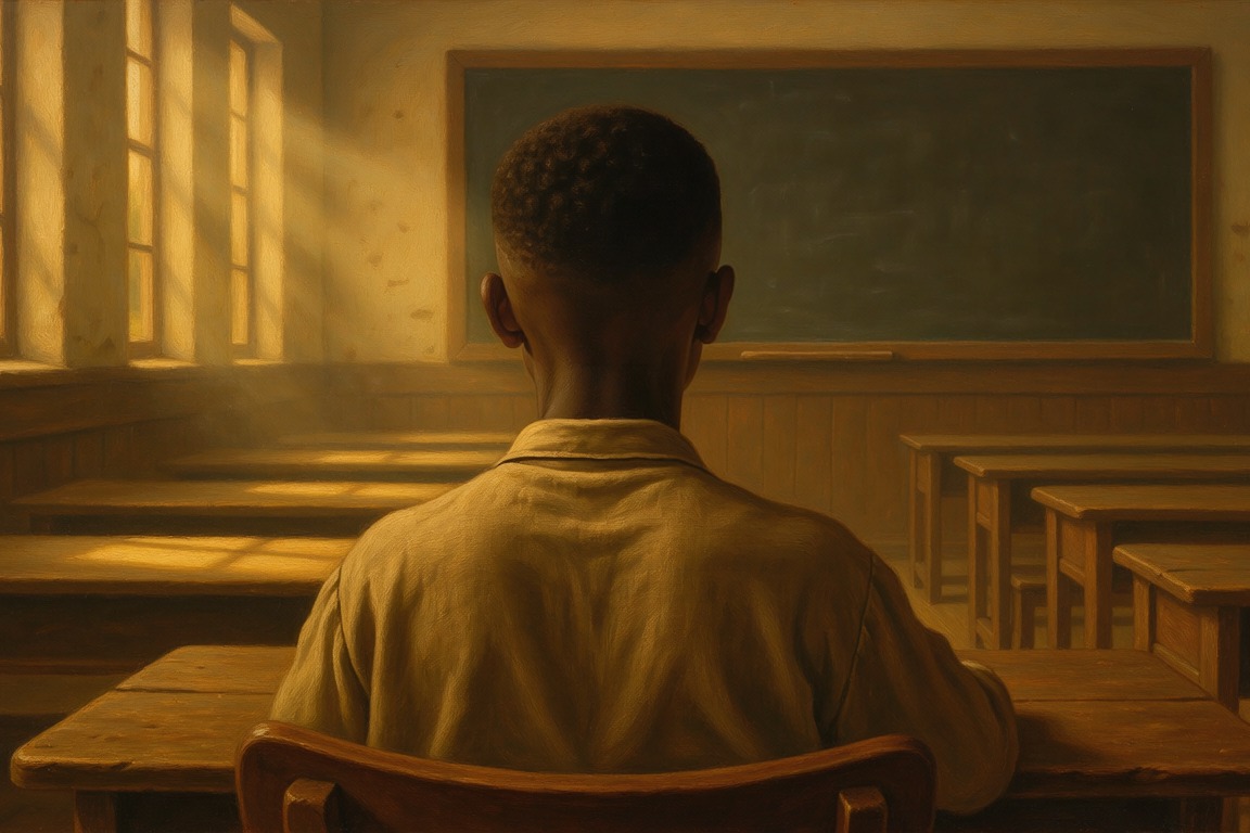 A young student seen from behind sitting at a desk in an old classroom