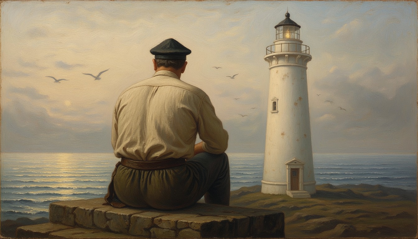 A man in a keeper's cap seen from behind sitting on stone steps beside a white lighthouse, watching a calm sea