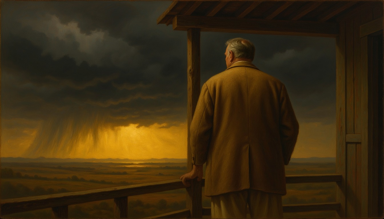 An older man seen from behind on a verandah, watching a storm move across the plains