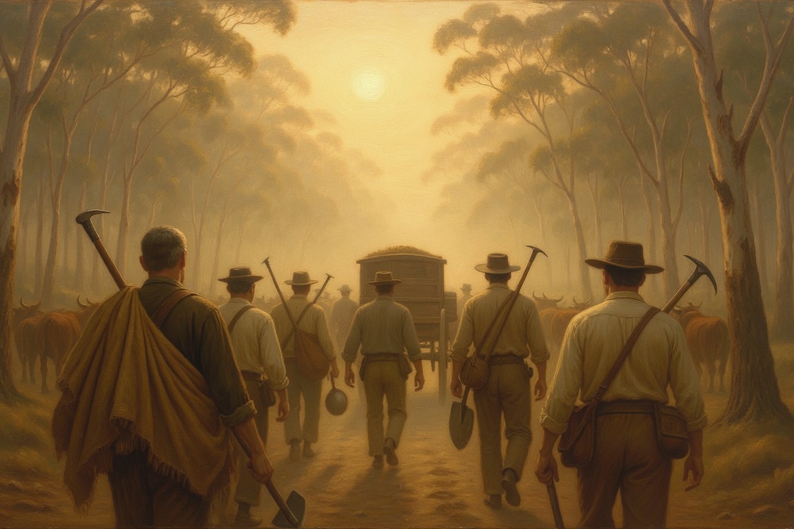 A line of 1850s diggers with picks and swags walking along a misty bush track toward the goldfields