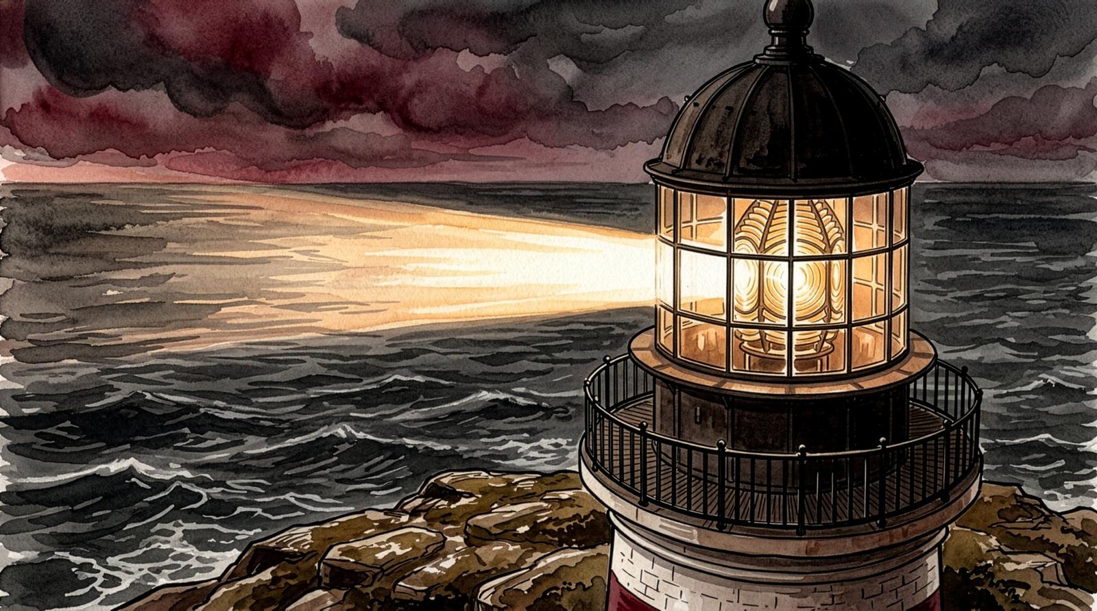 The lantern room lit, its beam reaching across a dark sea