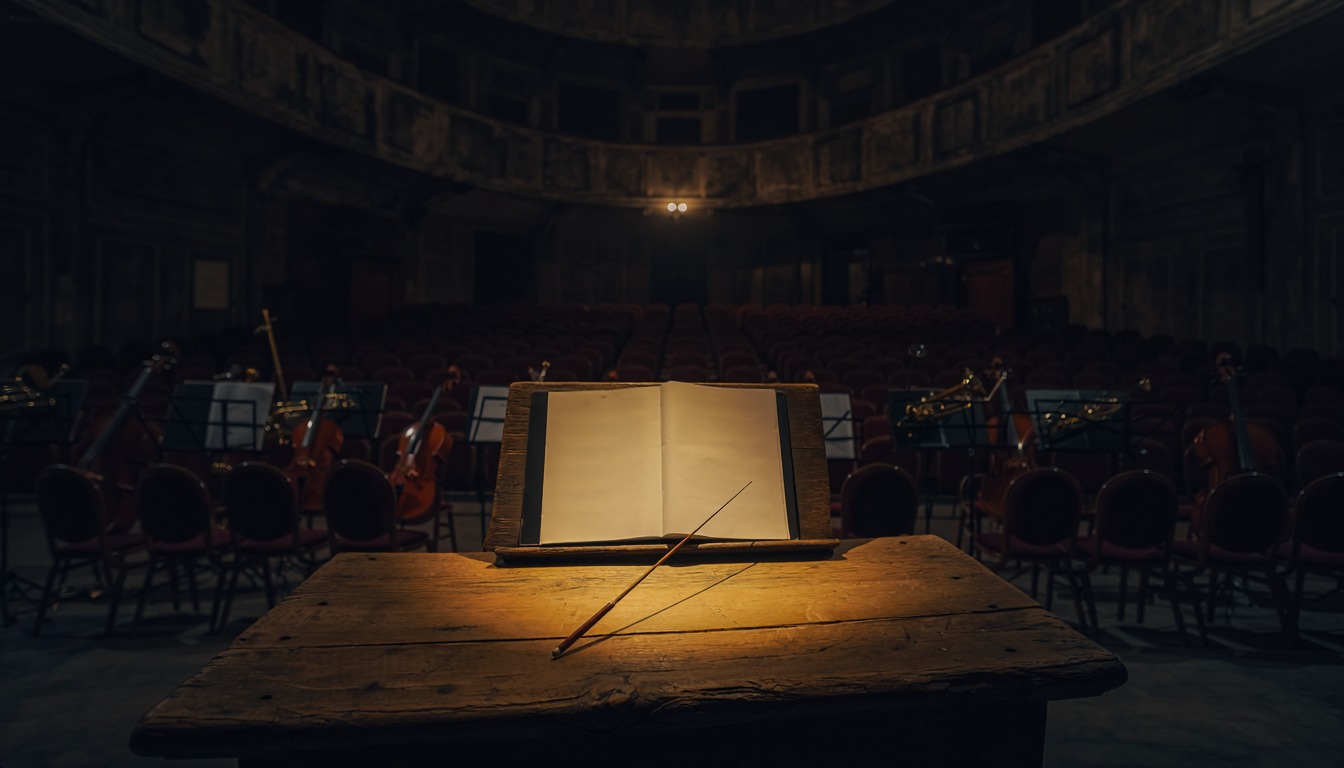 An open score and a conductor's baton resting on a timber stand before the empty chairs of an orchestra