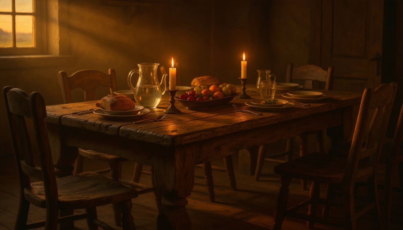 A farmhouse dining table set for a meal with bread, fruit and candles, empty chairs waiting around it