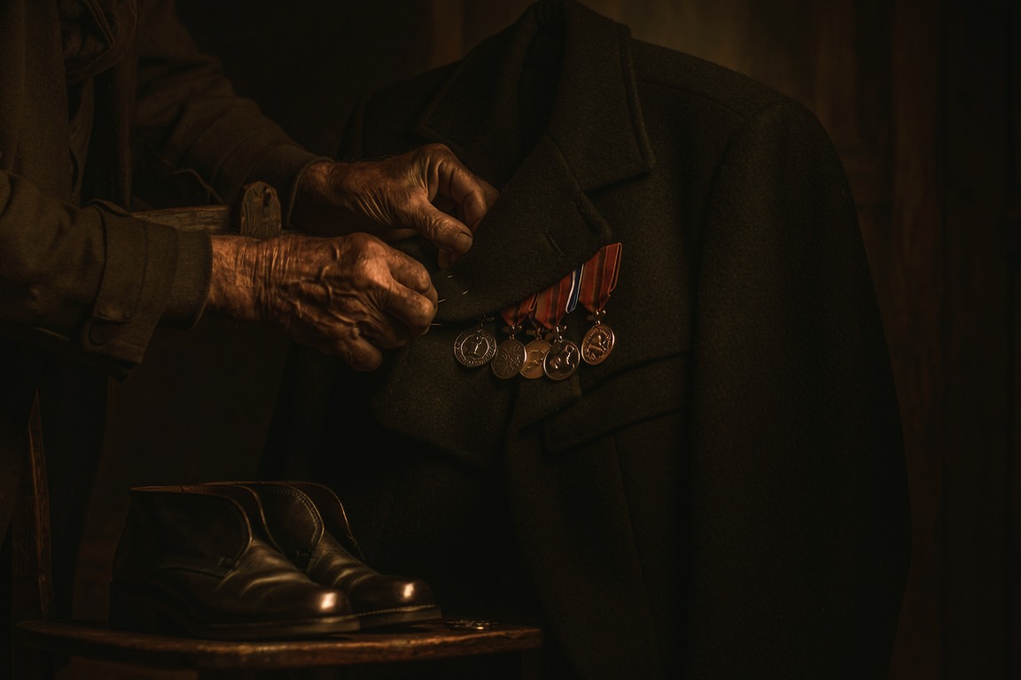 An old veteran's hands pinning medals to the chest of a dark suit