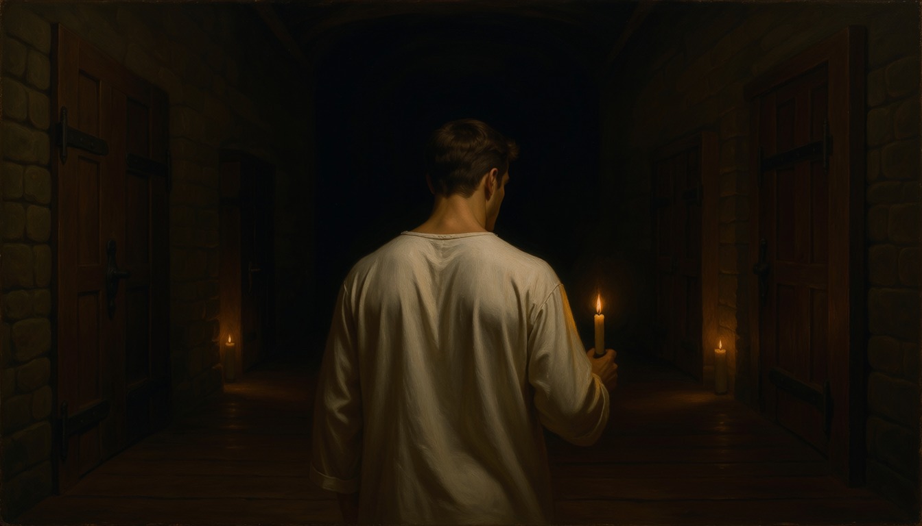 A man in a nightshirt seen from behind holding a candle in a long dark corridor of doors